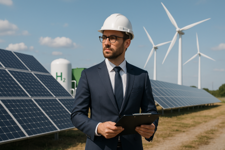 Acciones de energía verde: tres opciones de inversión para julio 2026 Gráfica bursátil con tendencia alcista sobre fondo de paneles solares y turbinas eólicas