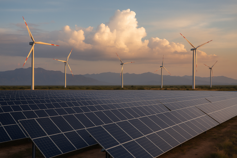 Sudamérica acelera su transición energética: renovables representarán el 45% de la matriz regional en 2026 Parque de paneles solares y aerogeneradores en paisaje sudamericano