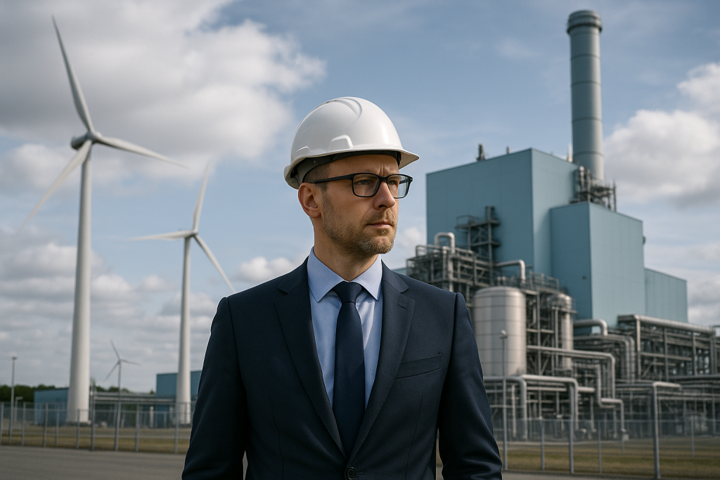 Uniper invertirá 5 mil mde en transformación energética europea Planta de generación eléctrica moderna con turbinas de gas y paneles solares en instalaciones industriales