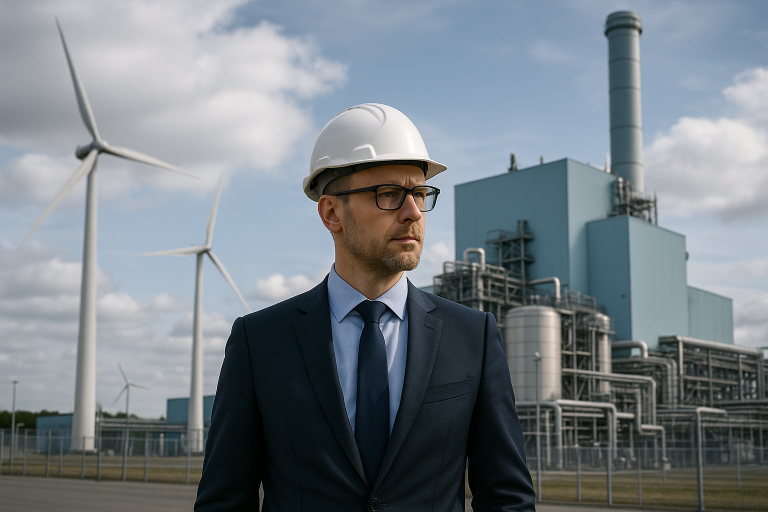 Uniper invertirá 5 mil mde en transformación energética europea Planta de generación eléctrica moderna con turbinas de gas y paneles solares en instalaciones industriales